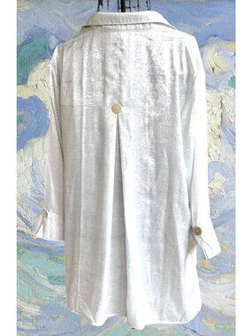 Ali Miles Silver Metallic Shimmer Blouse Large Top Wire Collar Pleated Back Art